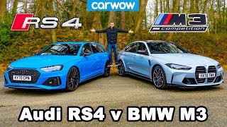 BMW M3 v Audi RS4 review amp 060mph 14mile brake and drift comparison [upl. by Ahsinev]