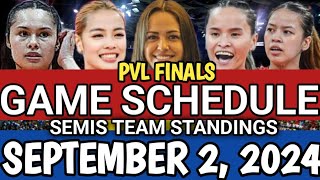 PVL FINALS GAME SCHEDULE AND SEMI FINALS TEAM STANDINGS AS OF SEPTEMBER 2 2024 pvlgameschedule [upl. by Kissee264]