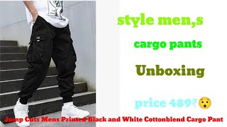 Jump Cuts Mens Printed Black and White Cottonblend Cargo Pant Unboxing price 489₹ online shopping 😍🤩 [upl. by Chickie]