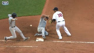 NYYBOS Umpires call for rules check on bizarre play [upl. by Ynaffets127]