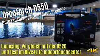 Orcatorch D550 Tauchlampe  Unboxing amp Test im Dive4Life Indoortauchcenter 🔦 4K60FPS [upl. by Bunting273]