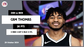 CAM THOMAS 26 PTS vs DEN 29 Oct 2425 BKN Highlights [upl. by Pearson628]