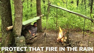 Solo Overnight Shelter Building In a Rainstorm and a Triple Bacon Bypass Dinner Skllet [upl. by Ydarg]