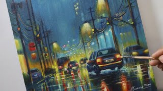 Acrylic Painting Drizzling Night Lights Traffic on Canvas Step by Step Techniques for Beginners [upl. by Enileqcaj635]