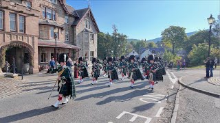 Drum Major leads Huntly Pipe Band playing Steamboat on march to 2024 Braemar Gathering in Scotland [upl. by Yecart]