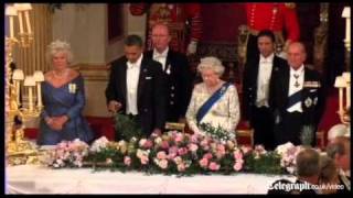 US President Barack Obama suffers embarrassing royal toast mishap at Queens banquet [upl. by Ezirtaeb]