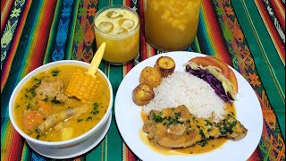 ALMUERZO COMPLETO Sopa de cebada con menudencia Pollo en salsa de maní y jugo de Piña [upl. by Barbara]