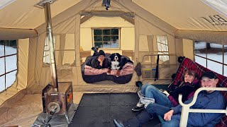 2 Days Family Snow Camping in 2 ROOM INFLATABLE Hot Tent with DOG [upl. by Fuld]