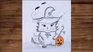 How to Draw a Halloween Cat Easy 🎃 Cute Halloween Art [upl. by Arenat]