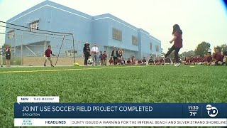 New soccer field project in Stockton neighborhood opens to public [upl. by Yelrebmik940]