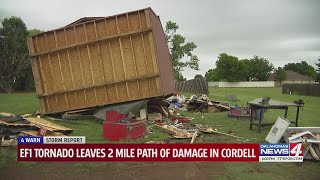 EF1 tornado leaves 2 mile path of damage in cordell [upl. by Odnanreh]