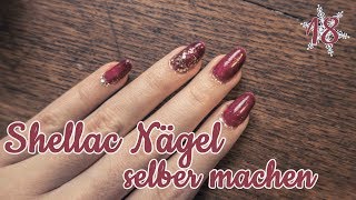 Shellac Nägel selber machen  Dunkelrot und Goldglitzer Nageldesign  Nicolas Christmas [upl. by Jamaal796]