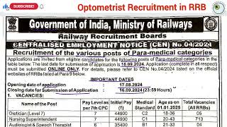 Optometrist govt Vacancy In Railway recruitment board  Optometry job recruitment in RRB [upl. by Otero]