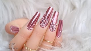 Pink Mirror Chrome Nails with easy white flowers [upl. by Beltran553]