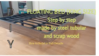 DIY MODERN FLOATING BED FRAME made by steel tubular amp scrap wood parquet [upl. by Paulsen]