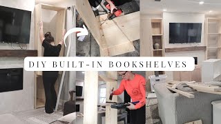 DIY builtin bookshelves living room Makeover Part two  First time building custom cabinets 🙌 [upl. by Genie]