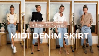 HOW TO STYLE A LONG DENIM SKIRT  8 Denim Skirt Outfit Ideas to Transition from Summer to Fall 🍂 [upl. by Fortune]