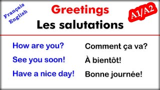 Greetings  Les Salutations  Basic Phrases in EnglishFrench [upl. by Yeslek]