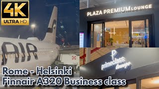 4K Finnair A320 Business Class Rome  Helsinki  Rome airport lounge  Plaza Premium Priority Pass [upl. by Schilit]