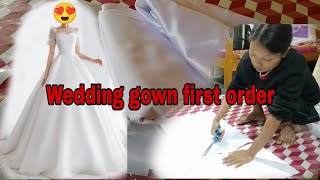 Wedding gown sikna skanggipa order man•soa👰‍♀️  Cutting fabric for sewing wedding gown ✂️ [upl. by Sibyls]