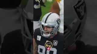 Steeler RB 22 Harris with the stiff arm on Raiders DE98 Crosby 🤯🤯🤯🤯 [upl. by Leon]