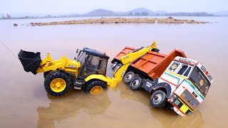 Tata Tipper Heavy Loaded Sand Accident Highway River Pulling Out JCB 5CX  Dumper Truck  CS Toy [upl. by Tesler]