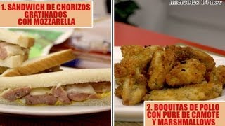 1 SÁNDWICH DE CHORIZOS CON MOZZARELLA 2 BOQUITAS DE POLLO CON PURE DE CAMOTE Y MARSHMALLOWS [upl. by Cliff273]