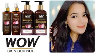 Wow Red Onion Black Seed Oil ShampooConditioner Serum Onion Hair Kit Review  Demo By Adhira [upl. by Clim]