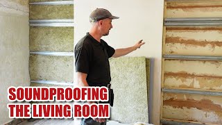 SOUNDPROOFING our LIVING ROOM  stud wall method Renovation Part 23 [upl. by Ahsatan]