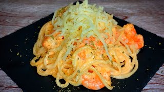 Pasta cremosa con langostinos falsa carbonara de camarones 🍤 [upl. by Amory]