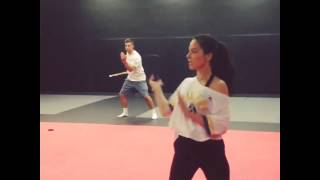 Olivia Munn And Aaron Rogers  Sword Training for XMen Apocalypse [upl. by Kcirderf]