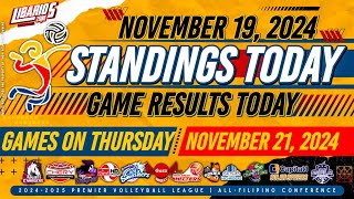 PVL STANDINGS TODAY as of NOVEMBER 19 2024  GAME RESULTS TODAY  GAMES ON THURSDAY  NOV 21 [upl. by Elmo]