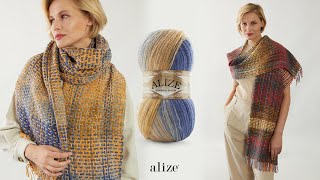 Alize Angora Gold Batik ile Dokuma Görünümlü Zincir İşi Şal [upl. by Ydnerb]