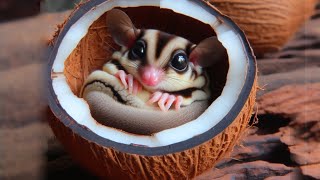 The little sugar glider nests in the coconut shell so cute Sugar Glider Asmr Eating [upl. by Atsyrk399]