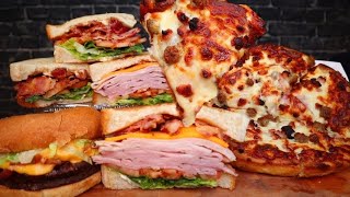 ASMR EATING BLT SANDWICHES BACON CHEESE BURGER ALL MEAT PIZZA CLUBHOUSE SANDWICHES MUKBANG [upl. by Gaven942]