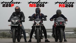 Bajaj Pulsar RS200 vs Pulsar 220F vs Pulsar NS200 Drag Race [upl. by Ferdinande]