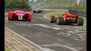 F1 Ferrari SF71H 18 vs Ferrari F80 vs Bugatti Chiron vs MercedesBenz Vision GT at Nordschleife [upl. by Shelah631]