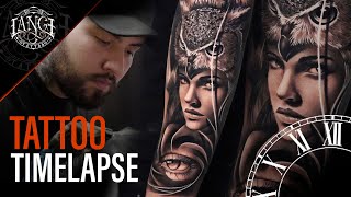 Tattoo Timelapse Realism in Black and gray – Woman with owl plus eye [upl. by Tserof]