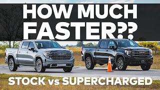 Supercharged GMC Sierra AT4 vs Stock  Drag Race Comparison  GOLIATH 650 by HENNESSEY [upl. by Boj]