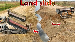 Land Sink Slide Down Again Repaire Back with Trucks 25t amp Dozer Komatsu D58P Pushing Soil [upl. by Alben278]