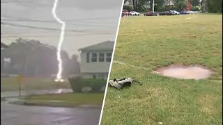 Lightning strike caughtoncamera New Jersey employee hit but survived  NBC New York [upl. by Tudela]