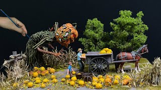 How To Make Diorama Giant Pumpkin Monster Attacks The Farmer  Clay Sculpting [upl. by Yarezed]