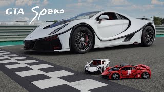 Spania GTA Spano 400 kmh hypercar vs BuWizz GTA Spano 18 scale model made of LEGO® bricks [upl. by Lesab]