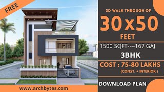 30x50 House Design 3D  1500 Sqft  167 Gaj  3 BHK  Modern Design  Terrace Garden  9x15 Meters [upl. by Odla738]