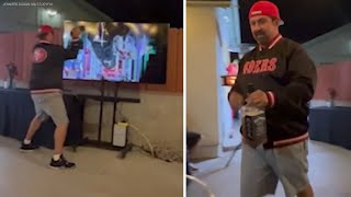 Angry 49ers fan smashes TV with whiskey bottle after team loses Super Bowl [upl. by Service60]