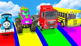 Double Flatbed vs Long Cars and Fat Cars with Slide Color Transportation  Cars vs Deep Water [upl. by Puna117]