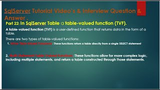 Part 22 In SqlServer Table a tablevalued function TVF [upl. by Winson]