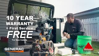 Generac 10Year Warranty amp First Service Free with Midwest Equipment [upl. by Dorolisa]