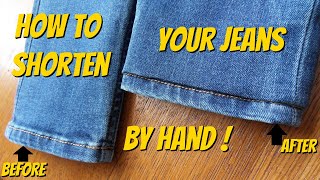 How to Shorten Your Jeans While Keeping The Original Hem  How to Hem Jeans By Hand [upl. by Leavelle]