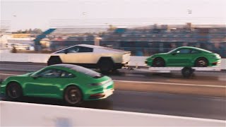 Tesla CYBERTRUCK Beats A Porsche 911 While Towing Another 911  CRAZY [upl. by Rodmann]